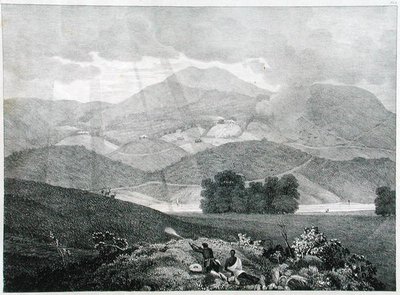 Utsikt over en del av innsjøen og hyttene ved Ottacamund, Neelgherry Mountains, plate 3 fra View of the Neilgherries, eller Blue Mountains of Coimbetoor, Sør-India av Captain McCurdy, publisert 1830 (li av Captain E. A. after McCurdy