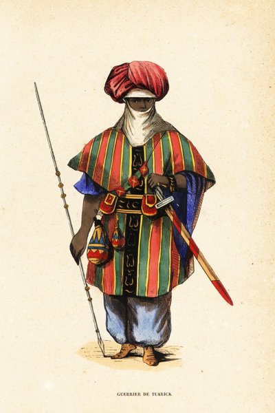 Noble Tuareg-kriger fra Agadez, Niger, i tagelmust (turban og slør), taktkat (skjorte) og akarbey (bukser) av Captain George Francis (after) Lyon