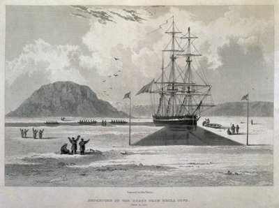 Avgang av båtene fra Hecla Cove, 21. juni 1827, fra Journal of a Third Voyage for the Discovery of a North West Passage fra Atlanterhavet til Stillehavet utført i årene 1824-25 i H.M.s av Captain George Francis Lyon