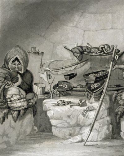 Interiør av en eskimo snøhytte, Winter Island 1822, gravert av Edward Francis Finden (1791-1857) pub. av John Murray, 1824 av Captain George Francis Lyon