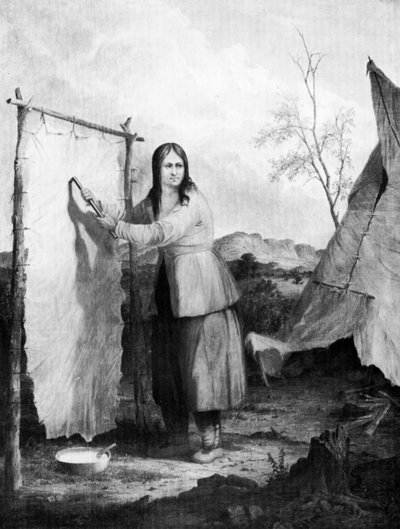 Indisk kvinne kler et hjorteskinn, 1868. av Captain Seth Eastman
