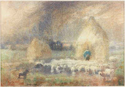 Stormen, Shepherd Shephert by a Haystack (akvarell på papir (limt på kort)) av Captain William Brock