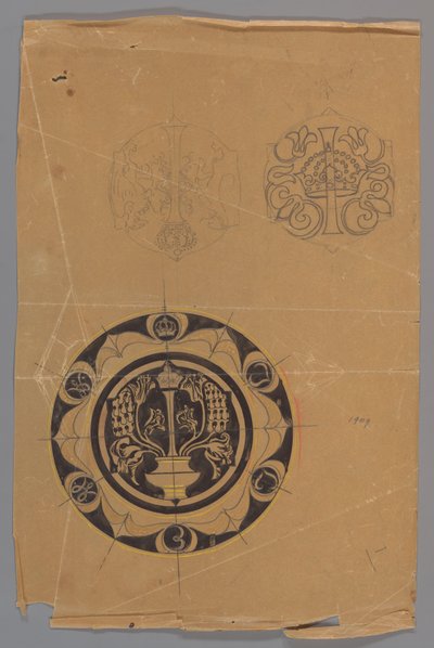 Entwurf für einen Teller mit Krone und Monogramm av Carel Adolph Lion Cachet