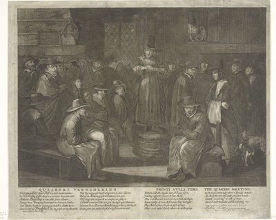 Quaakersmøte Quaakers Vergadering. Fronti Nulla Fides. Kvekermøtet. (tittel på objekt) av Carel Allard