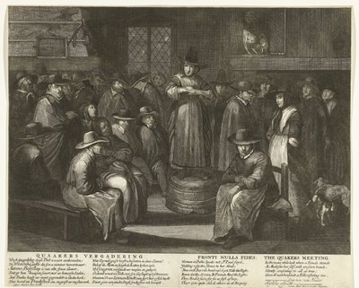 Tegneserie av de engelske kvekerne, ca. 1656 Quaaker Meeting / Fronti Nulla Fides / The Quakers Meeting (tittel på objekt) av Carel Allard