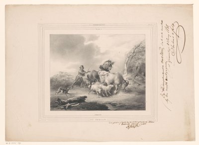 Bonde med dyrene sine på flukt fra en orkan The Hurricane (tittel på objekt) av Carel Christiaan Antony Last