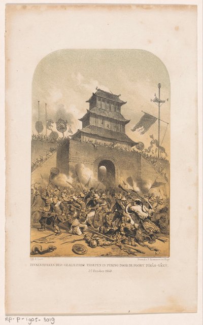 Franske og britiske tropper stormer det gamle sommerpalasset i Beijing Inntreden av allierte tropper i Beijing gjennom Tchâo-Yânt-porten, 22. oktober 1860 (tittel på objekt) av Carel Christiaan Antony Last