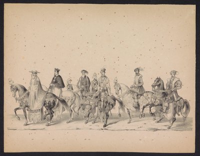 Masquerade of the Utrecht Students, 1846 (Plate 16) Skildring av den kostymede prosesjonen, som viser prosesjonen til Filip II, Prins av Spania, i Utrecht, 3. oktober 1549, holdt 17. juni 1846, av H.H. Studenter ved Utrechtsche av Carel Christiaan Antony Last