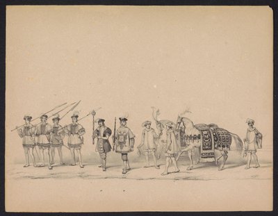 Masquerade of the Utrecht Students, 1846 (Plate 7) Skildring av den kostymede prosesjonen, som viser prosesjonen til Filip II, Prins av Spania, i Utrecht, 3. oktober 1549, holdt 17. juni 1846, av H.H. Studenter ved Utrechtsche av Carel Christiaan Antony Last