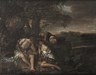 Et sovende par, oppdaget av tre kvinner i et arkadisk landskap (olje på panel) av Carel De Moor II (attr. to)