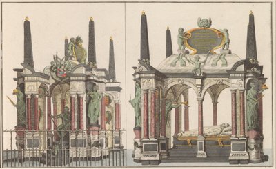 Praalgraf van Willem van Oranje i Delft, ca. 1790 The Superb Mausoleum of the Royal Family in the Great Church in Delft / Det samme tatt fra Nordsiden (tittel på objekt) av Carel Frederik Bendorp (I) (possibly)
