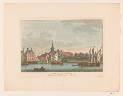 Utsikt over kirken i østlige Zaandam Kirke i East Zaandam / Arrivement de la Barge à Sardam (tittel på objekt) av Carel Frederik Bendorp (I)