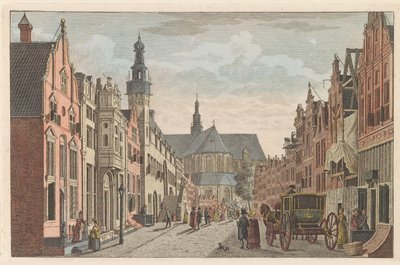Langestraat i Alkmaar, ca. 1790 Langestraat, rådhuset og Grote Kerk i Alkmaar / Rue longue - Hotel de Ville - et grande Eglise à Alkmaar (tittel på objekt) av Carel Frederik Bendorp (I)