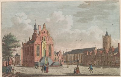 Marked og rådhus i Schiedam, ca. 1790 Markedet og rådhuset i Schiedam / Marché et hotel de ville à Schiedam (tittel på objekt) av Carel Frederik Bendorp (I)