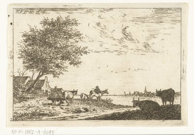 Elvelandskap med bonde og kyr på gården Landskap (serietittel) av Carel Frederik Bendorp (I)