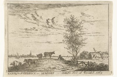 Titteltrykk med elvelandskap med kyr Landskap (serietittel) av Carel Frederik Bendorp (I)