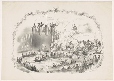 Tegneserie som viser Thorbeckes planer om å avskaffe Utrecht University of Applied Sciences, 1863 En kamp mellom to kraftige elementer (tittel på objekt) av Carel Hendrik Thiebout