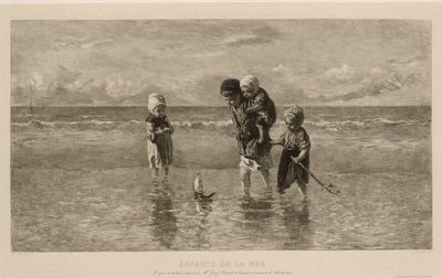 Fire barn leker med en lekebåt på stranden i grunt sjøvann Havets barn Enfants de la mer (tittel på objekt) av Carel Lodewijk Dake
