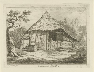 Våningshus med åpen øvre dør Te Emmen i Drenthe (tittel på objekt) Landskap (1–6) (serietittel) av Carel Lodewijk Hansen