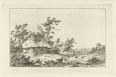 Mann med rake ved en låve Landskap (A-F) (serietittel) av Carel Lodewijk Hansen