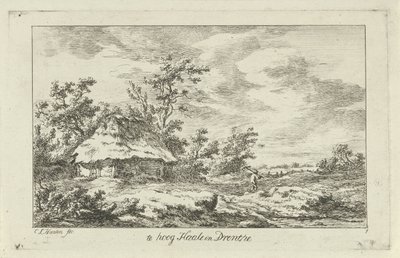 Mann med rake ved en låve For høyt Haale i Drenthe (tittel på objekt) Landskap (A-F) (serietittel) av Carel Lodewijk Hansen