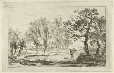 Elvelandskap med en vedsanker av Carel Lodewijk Hansen
