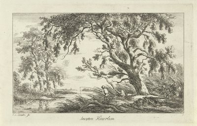 Fisker i et elvelandskap Buyten Haarlem (tittel på objekt) Landskap (a-f) (serietittel) av Carel Lodewijk Hansen