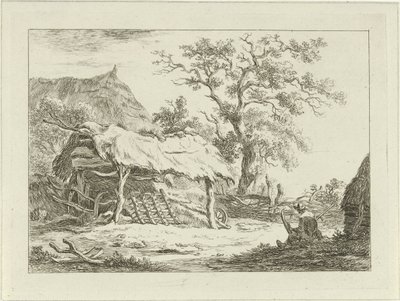 Sittende figur ved en låve Landscapes (1-6) (serietittel) av Carel Lodewijk Hansen