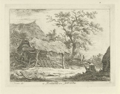 Sittende figur ved en låve Te Tinaerlo i Drenthe (tittel på objekt) Landskap (1–6) (serietittel) av Carel Lodewijk Hansen