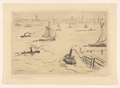 Elv med skip nær en by av Carel Nicolaas Storm van 
