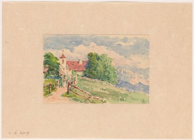 Oberbozen, en smal vei fører til en kirke i en fjellskråning av Carel Nicolaas Storm van 