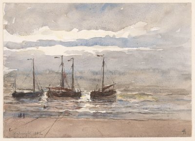 Fiskebåter på stranden i Katwijk ved stigende tidevann av Carel Nicolaas Storm van 