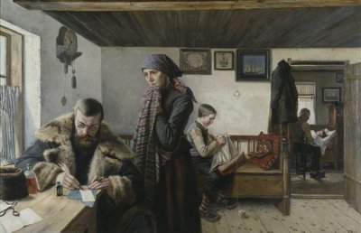 Visite a domicile du docteur - Doctor Home Visit, av Aspelin, Karl (1857-1932). Olje på lerret. Mål: 137,5x212 cm. Nationalmuseum Stockholm av Carl Aspelin