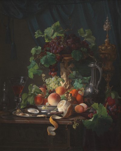 Arrangement med vinglass, østers, sitron og annen frukt av Carl Balsgaard