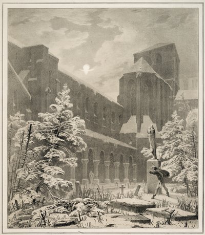 Kirke og kirkegård i snøen ved måneskinn av Carl Blechen