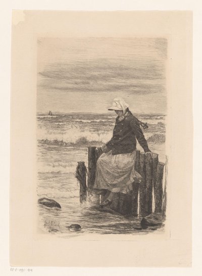 Dame sitter på en brygge ved vannet av Carl Bloch