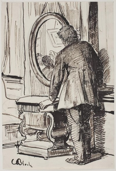 En ung mann ser på tre kvinner i et speil av Carl Bloch