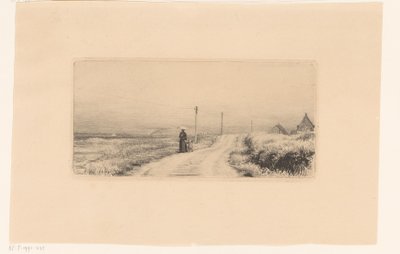 Landevei med gående dame og barn av Carl Bloch