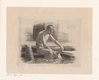 Naken mann sitter på et trinn ved vannet av Carl Bloch