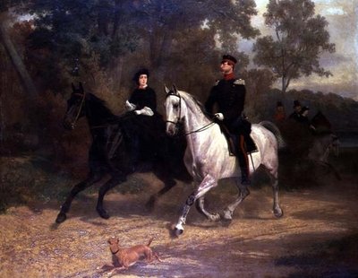 En dame og en offiser, muligens kronprins og prinsesse av Preussen, rir i en park av Carl Constantin Steffeck
