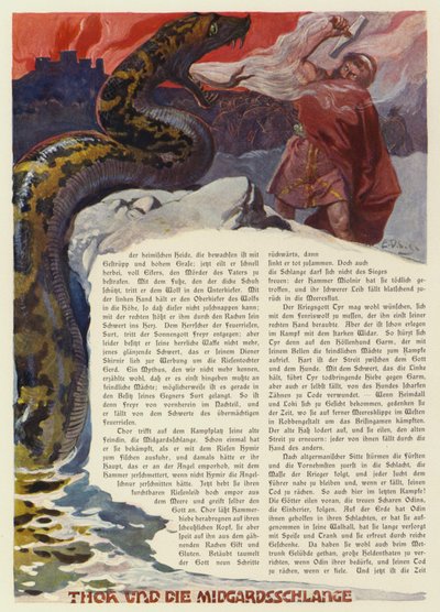 Tor kjemper mot Midgardsormen i slaget ved Ragnarok (farge litho) av Carl Emil Doepler