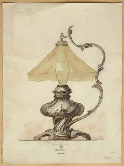 Tegning av en bordlampe i sølv med vridd riflet kropp i rokokkostil, House of Carl Faberge av Carl Fabergé