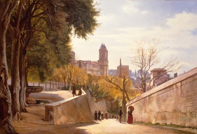 Utsikt over Viale Trinità dei Monti med Villa Medicis fontene, sett fra Via di San Sebastianello, Roma av Carl Frederick Aagaard