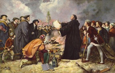 Martin Luther brenner den pavelige oksen i 1520 (farge litho) av Carl Friedrich (after) Lessing