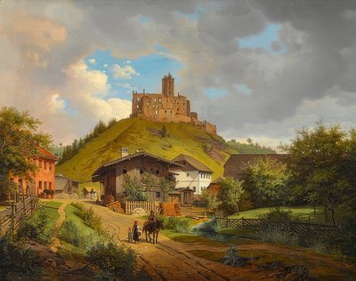 Hilgartsberg slottsruiner og utsikt over Hofmark ved Donau. 1829 av Carl Friedrich Heinzmann