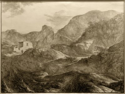 Fjelllandskap, til venstre et hus med en turgåer foran av Carl Friedrich von Rumohr
