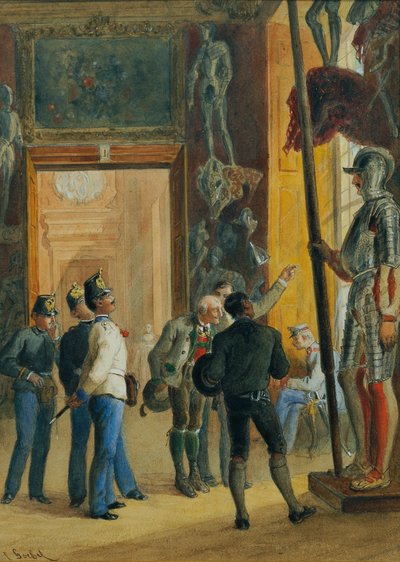 Østerrikske offiserer og to tyrolere ser på Ambras-samlingen i Nedre Belvedere av Carl Goebel d. J.