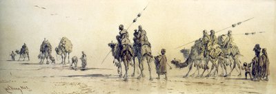 En karavane med beduiner som nærmer seg en brønn i ørkenen, 1868 (blyant og vask på papir) av Carl Haag
