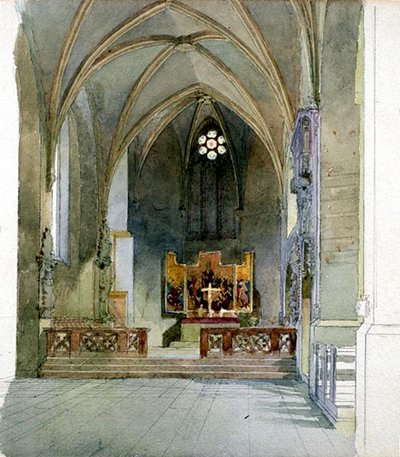 Et kirkeinteriør (akvarell på papir) av Carl Haag