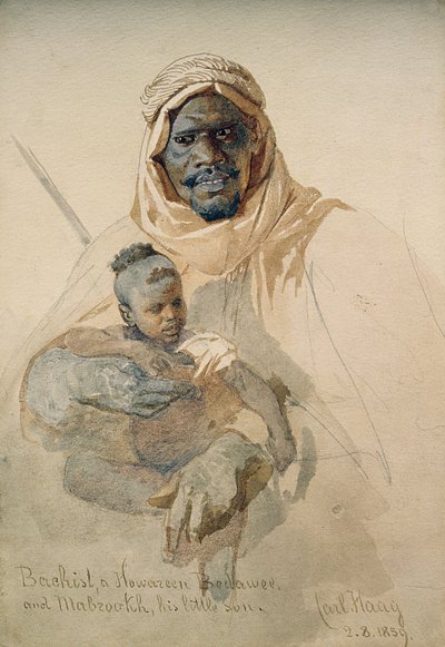 Bachist, en Howazeen Bedawee og Mabzookh, hans lille sønn, 1859 (blyant og wc-vask på papir) av Carl Haag
